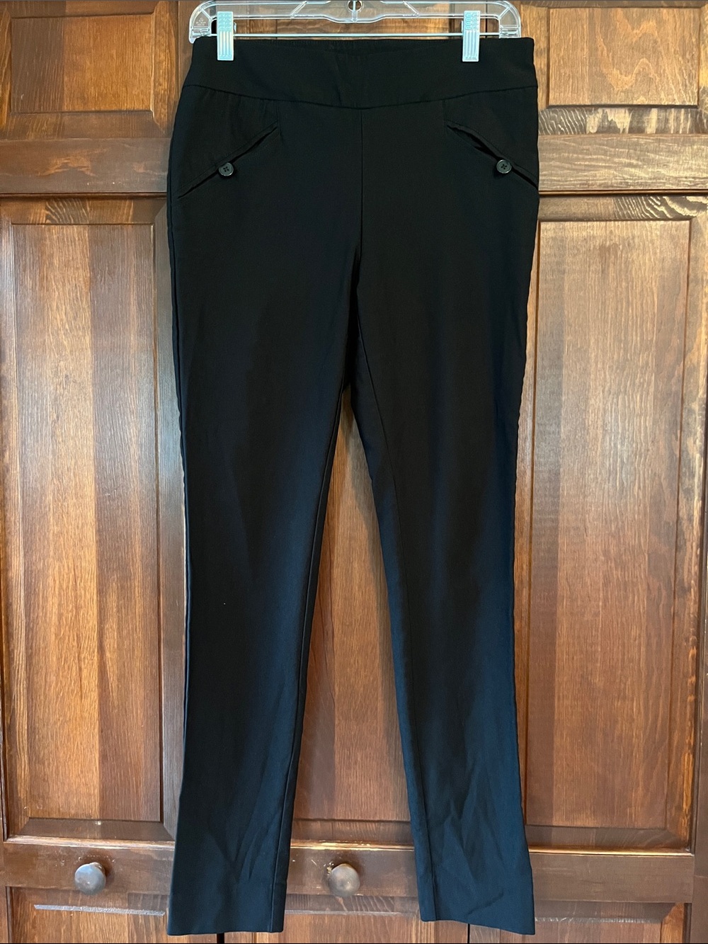 Slim Black Skinny Ponte Pants with Button-Trim Pockets